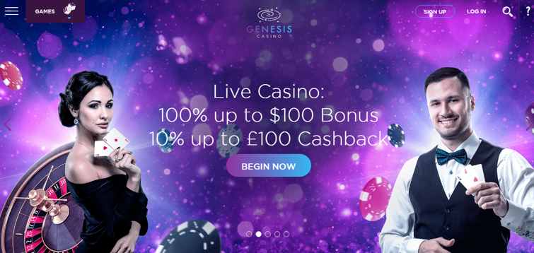 genesis_casino_live_casino_100%_up_to_$100_bonus_10%_up_to_£100_cashback